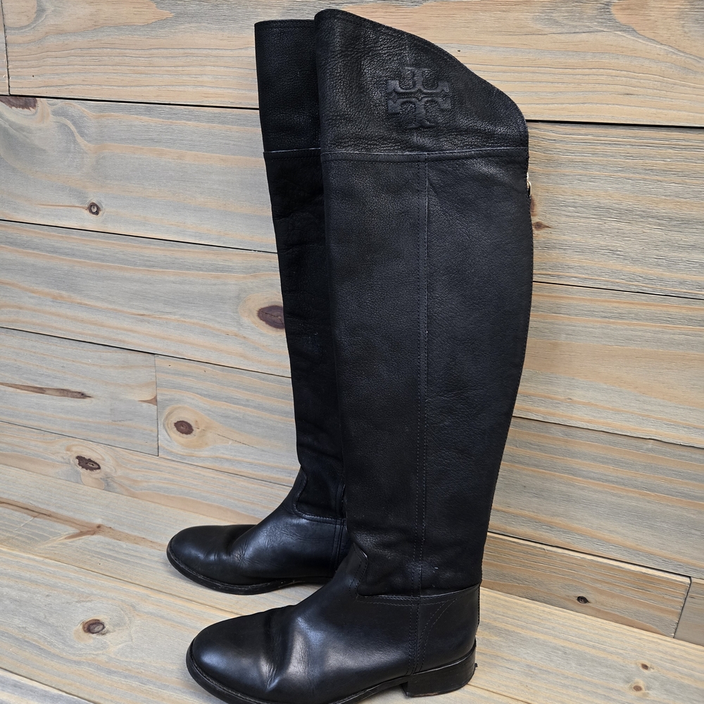 Tory Burch Simone Tall Boots Womens 8 M Black Leather Over The Knee Zip